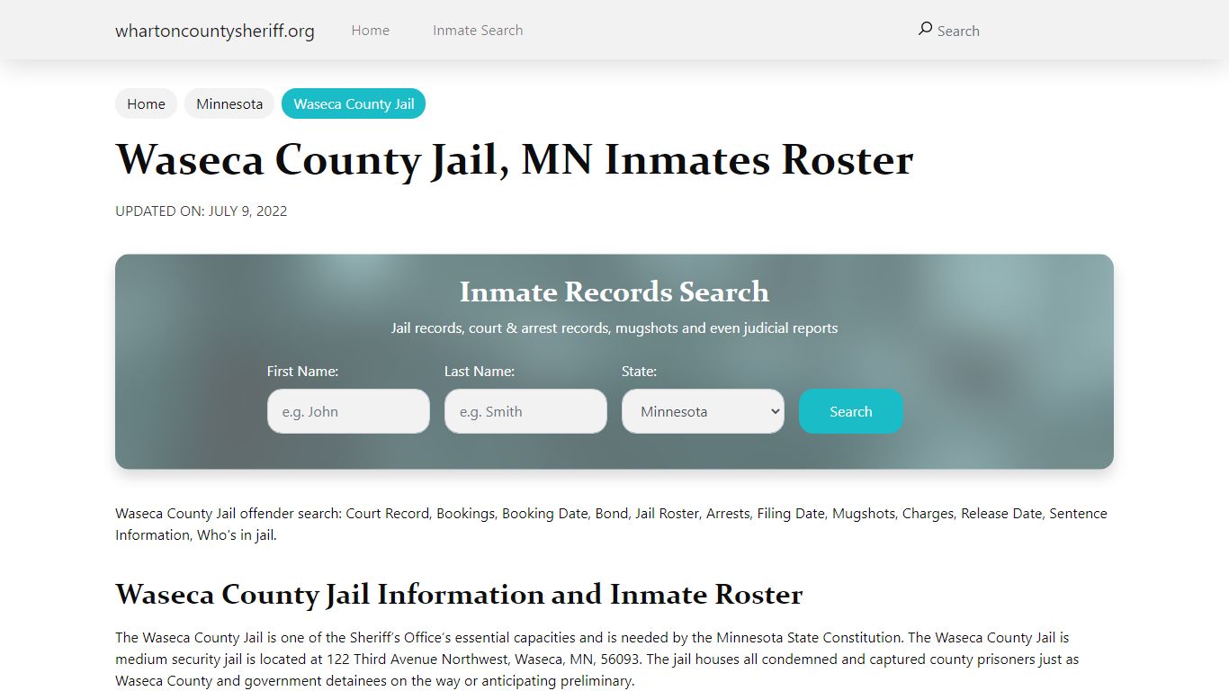 Waseca County Jail, MN Jail Roster, Name Search